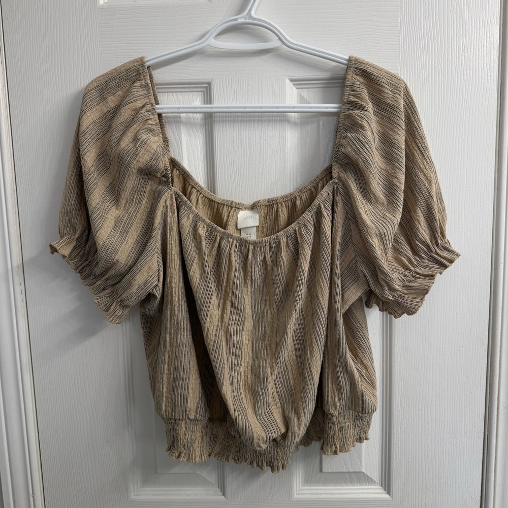 H&M Taupe Striped Puff Sleeve Crop Peasant Blouse XL